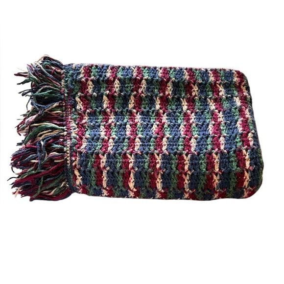 Vintage Other - Colorful Striped Knit Blanket with Fringe Afghan